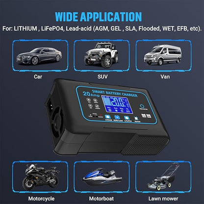 20-AMP Car Battery Charger, 12V 20A and 24V 10A Smart Automotive Charger, Battery Maintainer, Trickle Charger for Car, Motorcycle, Boat, Lead-Acid, Lithium, LiFePo4 Battery