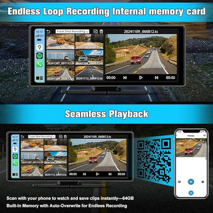 10.26" Portable Carplay Screen for Car, Wireless Carplay & Android Auto Car Stereo, Touchscreen GPS Navigation 4K Dash Cam/1080P Backup Camera/Mirror Link/Bluetooth/Voice Control