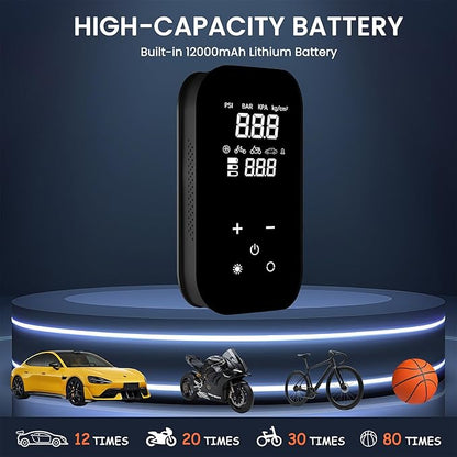 Tire Inflator Portable Air Compressor, 6X Faster 150 PSI 12000mAh Battery Air Compressor, Dual Digital Display Air Pump with Lighting - Portable Tire Inflator for Car, Bicycle, Auto Shut-Off