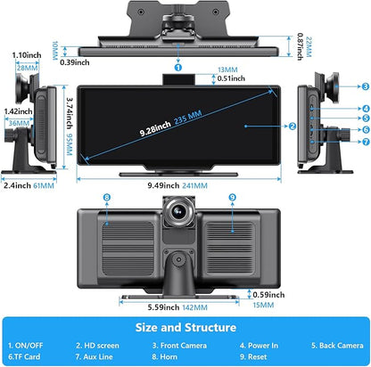 Portable Carplay Screen for Car 9.28" Carplay & Android Auto Car Touch Stereo, with 4K Dash Cam, 1080p Rear Camera,Bluetooth,Touch Screen GPS Navigation,Mirror Link, AirPlay, AUX/FM, Siri