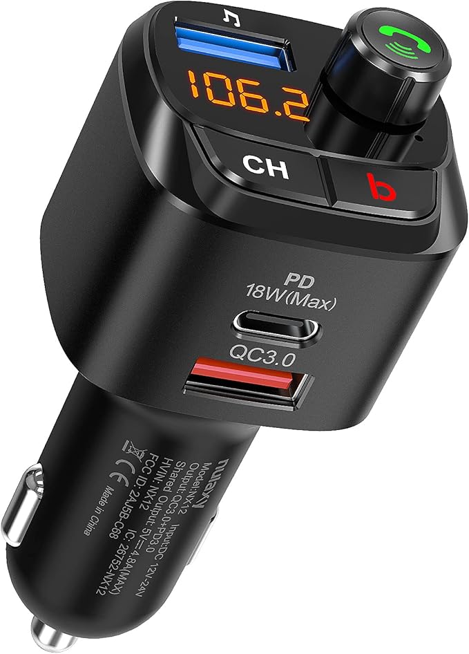 Nulaxy Bluetooth 5.0 FM Transmitter for Car, QC3.0 & USB-C PD 18W Wireless Bluetooth Radio Adapter Music Player Car Kit with Bass Booster, Hands-Free Calls-NX12