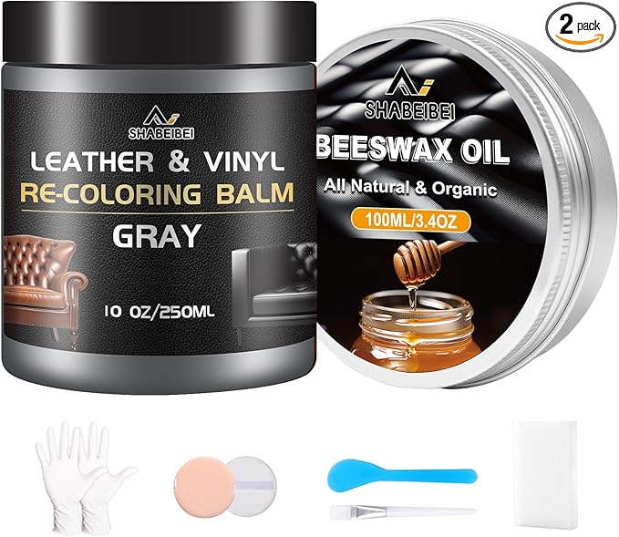 Leather Repair Kit Recoloring Balm Cleaner Conditioner Waterproof Beeswax Oil for Car Seat Furniture Couch Shoe Leather Vinyl(Gray)