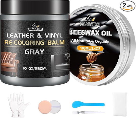 Leather Repair Kit Recoloring Balm Cleaner Conditioner Waterproof Beeswax Oil for Car Seat Furniture Couch Shoe Leather Vinyl(Gray)