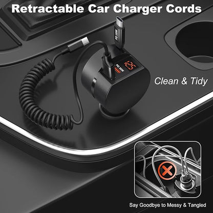 Retractable Car Charger USB C, OKRAY 78W 3-Port 12v Cigarette Lighter Adapter PD30W Fast Charging Type C Car Phone Charger & Coiled USB C Cable for iPhone 16 15 Pro, Samsung Galaxy S25 S24 A16, 2Pack