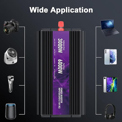 3000W Power Inverter,Peak Power 6000W 12V DC to AC 110V120V,Remote Control with 2AC Outlets and 2.4USB Port,LCD Display for Power Converter,Outdoor Activities,Emergency,Vehicles Truck RV Solar System