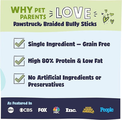 Pawstruck Natural 12” Braided Bully Sticks for Dogs - Tough, Long-Lasting, Rawhide-Free, Low Odor, Healthy Single Ingredient Chew Treat for Aggressive Chewers - 25 Count - Packaging May Vary