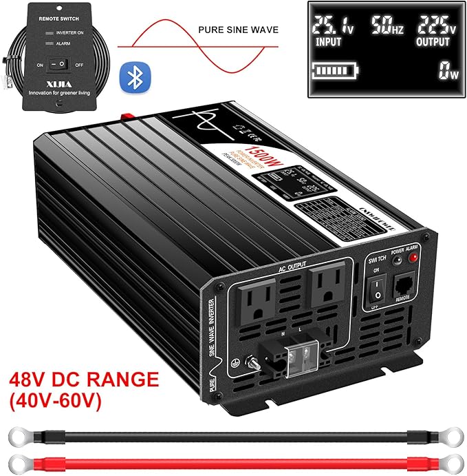 Xijia 1500W(Peak Power 3000W) LCD-Dispaly 48v to 120v Pure sine Wave 60HZ Solar Inverter for Home Use car (DC48V (Range 40V-60V) 1500W)…
