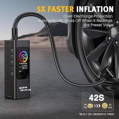 NEXPOW 150 PSI Tire Inflator Portable Air Compressor, 12000mAh Battery Auto Shut-Off Air Pump for Car Tires, Fast Inflation Dual LCD Display Tire Pump, Pocket Air Pump for Bike, Motorcycle, Ball, Car