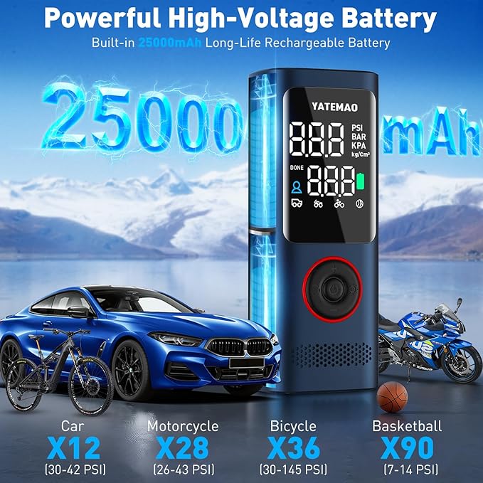 Tire Inflator Portable Air Compressor - tire inflator 25000mAh & 160PSI，4X Fast portable air compressor with LCD Digital Tire Gauge Pressure，Cordless air pump for car tires,bike, Motorcycle, Ball