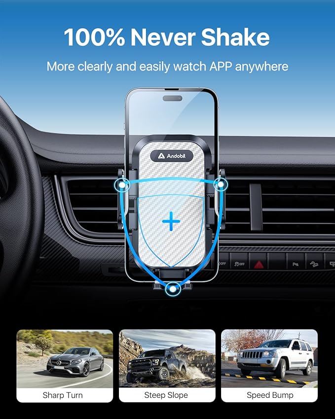 andobil Car Phone Mount - Military Sturdy, Firmly Grip & Never Slip, Ultra Stable, Easy Used, Compatible with iPhone 16 Pro Max, 16, 15, 14, 13, 12 Android Samsung S24 S23, Silver Car Vent Accessories