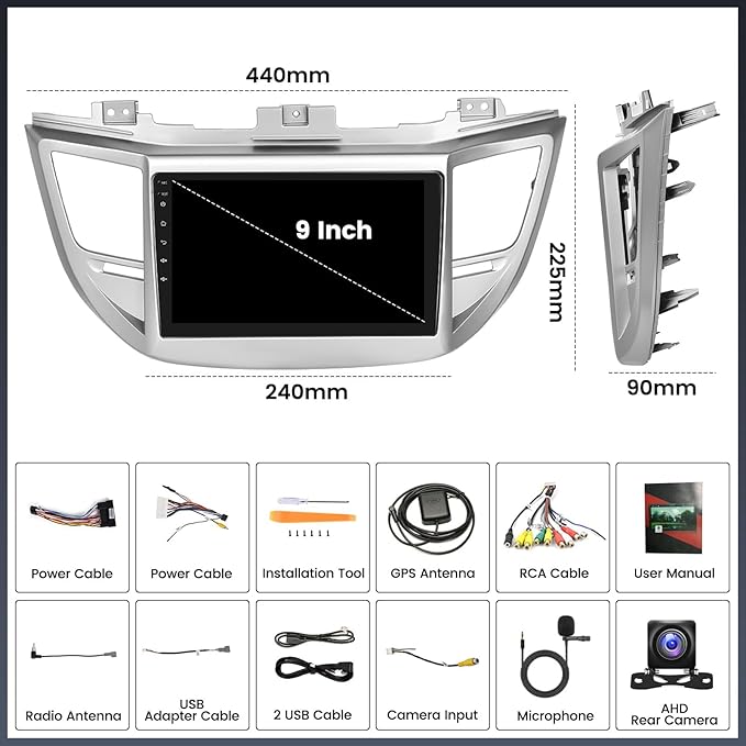 2G+64G 9 Inch Android Car Stereo for Hyundai Tucson 2015-2018 Radio Wireless Apple CarPlay Android Auto Bluetooth Touchscreen GPS Navigation Head Unit WiFi FM USB SWC Split Screen+AHD Backup Camera