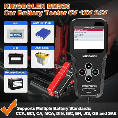 KINGBOLEN BM520 6V 12V 24V Car Battery Tester, 100-2000 CCA Automotive Load Tester Accurate Digital Auto Battery Analyzer Cranking and Charging System Tester for Cars Trucks SUV Motorcycle
