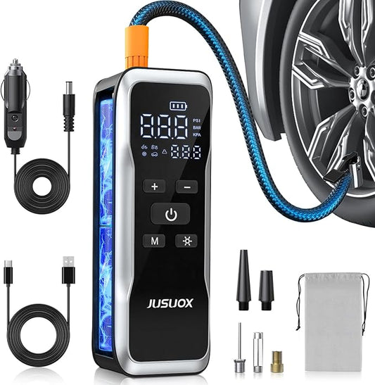 Tire Inflator Portable Air Compressor, Air Pump for Car Tires 150PSI Cordless with Battery and 12V DC, Electric Bike Pump with Pressure Gauge, Auto Shutoff, for Ball, Motorcycle Accessories