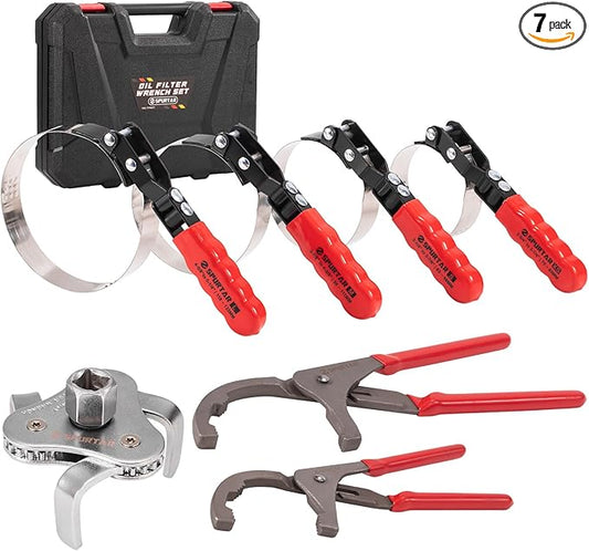 Spurtar Swivel Oil Filter Wrench Set of 7, Adjustable Wrench 2-3/4" to 5-1/4" (70-133mm), 9" & 12" Universal Oil Filter Pliers, 3-Jaw Oil Filter Removal Tool for 4S Shop Auto Repair Mechanic DIY
