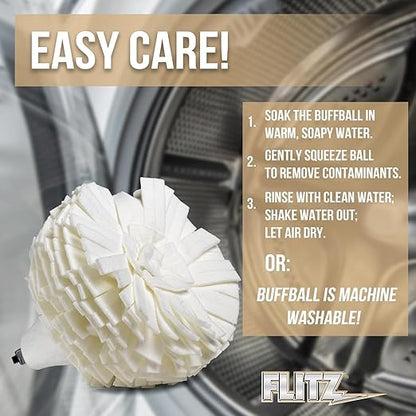 Flitz Buff Ball w/ 1.76oz Metal Polish Paste - 5in Drill Buffer Polisher Attachment for Any 3/8in Drill - Self-Cooling, Washable Polishing Ball to Buff, Shine, & Protect All Metals, Plastics (1 Pack)