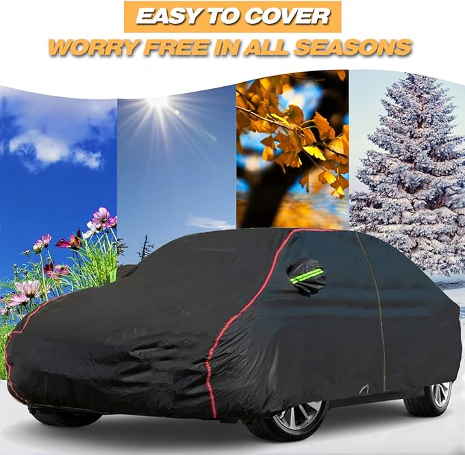 AUQDD 6-Layers PEVA New Material Sedan SUV Full Padded Car Cover Waterproof All Weather Weatherproof UV Sun Protection Snow Dust Storm Resistant Outdoor Exterior Custom Form-Fit Straps 178"-190" Black