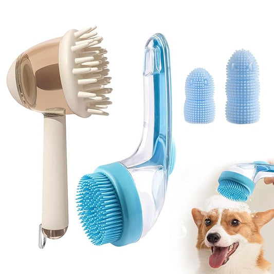 (4PCS) Pet Bath Brush,2025 New 2 in 1 Dog Bath Brush,Dog Shampoo Brush Bubble Maker,Bathing Dogs Grooming Massage Brush for Long & Short Haired Dogs & Cats,with Built-in Shampoo Dispenser(Blue)