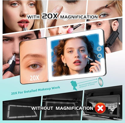 Car Sun Visor Vanity Mirror with Lights & 20X Magnification, Led Light up Makeup Mirror for Sun Visor, Rechargeable 3 Colors Dimming Light, Universal Accessories for Car SUV Truck