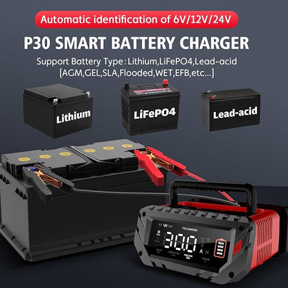 30 Amp 6V/12V/24V Smart Trickle Charger, Car Battery Charger, Lithium, Lifepo4, Lead Acid (AGM/Gel/SLA) Battery Maintainer, Desulfurizer, For: Car, Boat, Motorcycle, Lawn Mowers