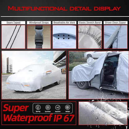 30 Layers Heavy Duty Car Cover for Automobiles All Weather Waterproof, Outdoor Snowproof UV Protection Windproof, Door Zipper, Soft Cotton Universal Car Covers (Silver, Fit Sedans 181"-190")