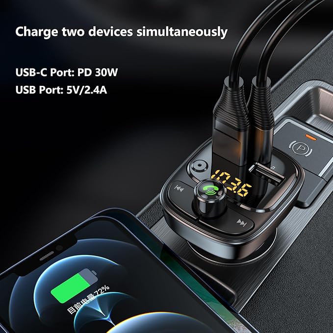 Bluetooth 5.3 FM Transmitter Car Adapter, Wireless Radio MP3 Player Stereo Music Audio Receiver Hands Free Calling, 42W (PD 30W & 12W) USB C Car Charger for iPhone, Support TF Card & USB Disk (Black)