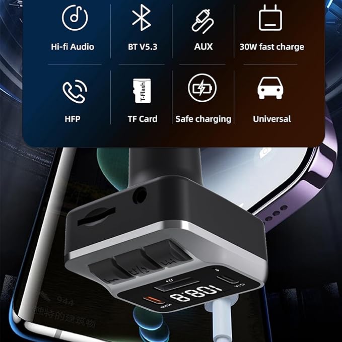 Bluetooth 5.3 FM Transmitter for Car, Bluetooth Car Adapter with Dual Type-C PD(30W) Charger Port and QC3.0 USB Port, Handsfree Calling and Audio Receiver, Support AUX, U Disk, TF Card