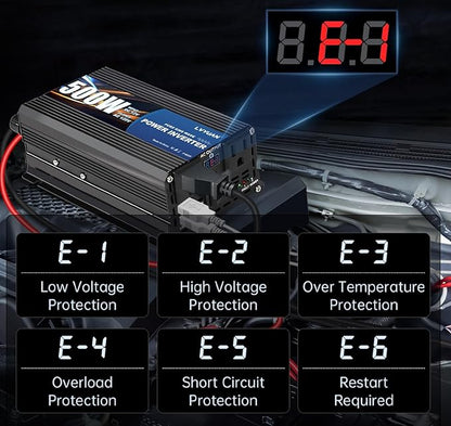 LVYUAN 500 Watt Pure Sine Wave Power Inverter 12V to 110V/120V DC to AC Converter with Dual Sockets, Dual USB Ports, LED Display for Home Outdoor RV Car Power Inverter Power Adapter