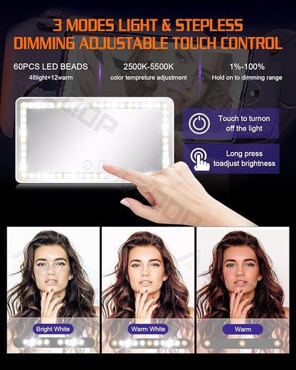 Car Sun Visor Vanity Mirror Compatible for Tesla Model 3 Y S X, Makeup Mirror with 3 Light Modes, Dimmable Touch Screen, Rectangular White, Car Vanity Mirror with Lights