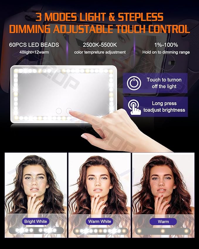 2 Pcs Car Sun Visor Vanity Mirror, Upgraded Car's Mirrors with Lights, Makeup Mirror with 3 Light Modes, Dimmable Touch Screen, Rectangular White, Universal for Car SUV Truck