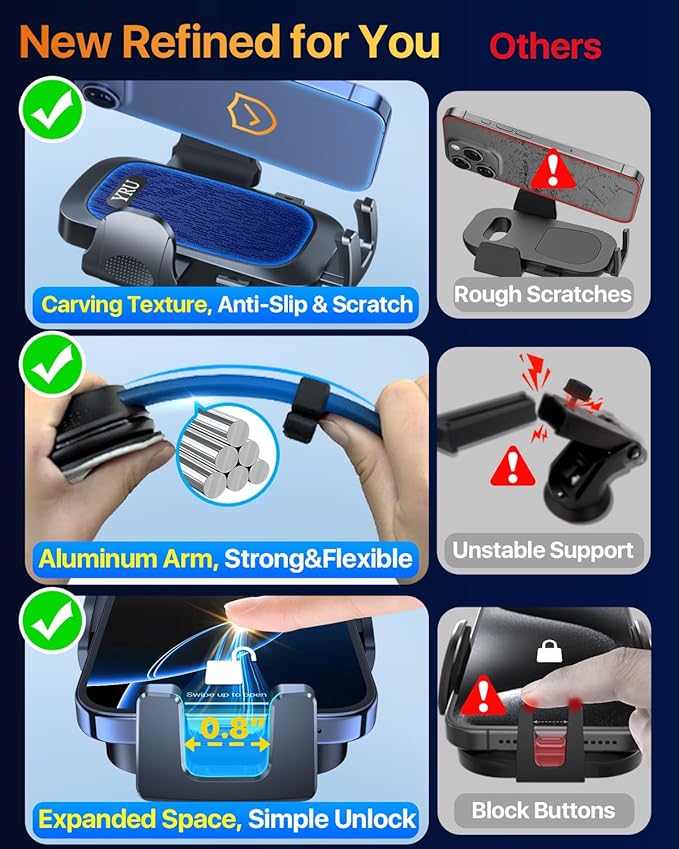 YRU [2025 Ultimate Car Phone Holder Mount [Bendable & Adjustable Aluminum Arm] Cell Phone Holder for Car Dashboard Windshield Phone Stand for iPhone16 15 14 Pro Max Samsung Pickup Truck, Dark Blue
