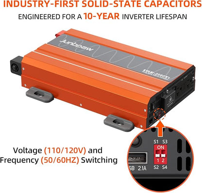 2080W Pure Sine Wave Inverter, 12V DC to 110V/120V AC, 6000W Peak, 5V/2.1A USB, Quiet Fan, Capacitor, Off-Grid Solar Power for RV, Camping, Emergency, Truck (LGE-2080Ti)