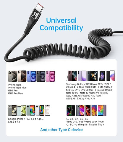 PRAKIE Coiled USB C Cable Fast Charging for Car 3FT/5FT, USB A to USB C Cable, Type C Charge Cord USB-C Charging Cable Compatible with iPhone 16/15/Samsung Galaxy S20 and More USB C Devices-Black
