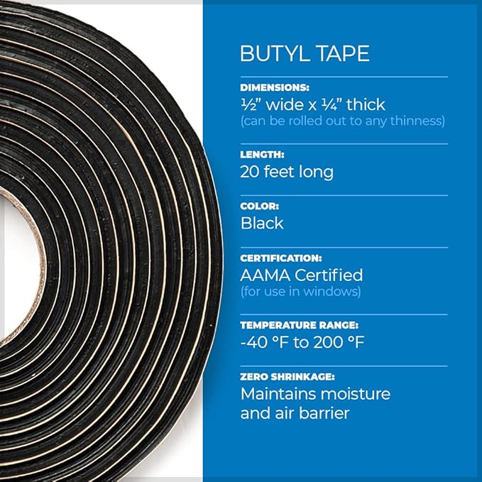 Second Skin Butyl Sealant Tape – Butyl Rubber Sealant, Multi-Purpose Butyl Rope, and Putty Tape for Automotive (Car, RV, Marine) – 1/4” x 1/2" x 20’ – Made in The USA (20 Butyl Tape)