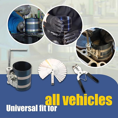 3 Inch Piston Ring Compressor Tool Car Engine Piston Ring Installer Removal Kit for Car Engine with Piston Installer Plier and Stainless Steel Feeler Gauge