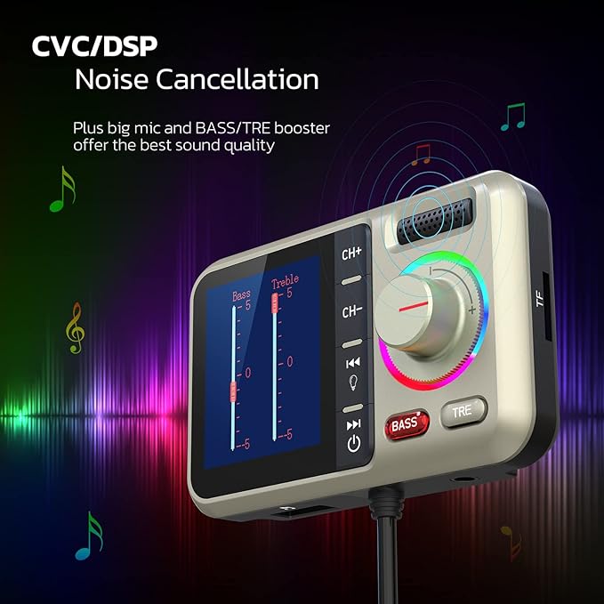 Nulaxy Bluetooth FM Transmitter for Car, Wireless Car Bluetooth Adapter with Big Color Screen, Support QC3.0 Fast Charging, Hands-Free Call, MP3 Music Player BASS&TRE Booster, TF Card AUX-KM28 Yellow