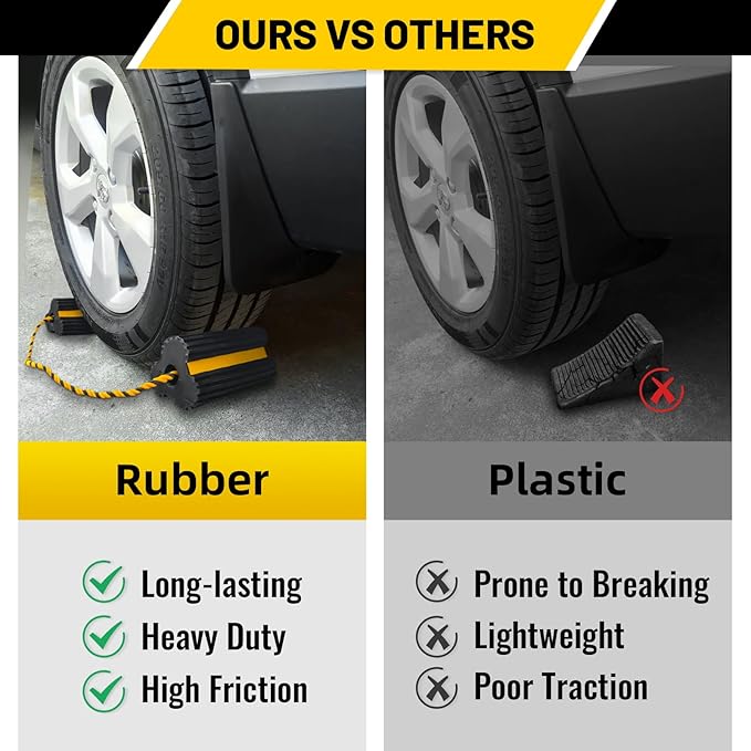 ROBLOCK Heavy Duty Wheel Chocks, Rubber Wheel Block Non-Slip Base with Nylon Rope Yellow Reflective Tape - 1 Pair Black, Wheel Stoppers for Travel Trailers, RV, Aircraft, Car, Camper, Truck