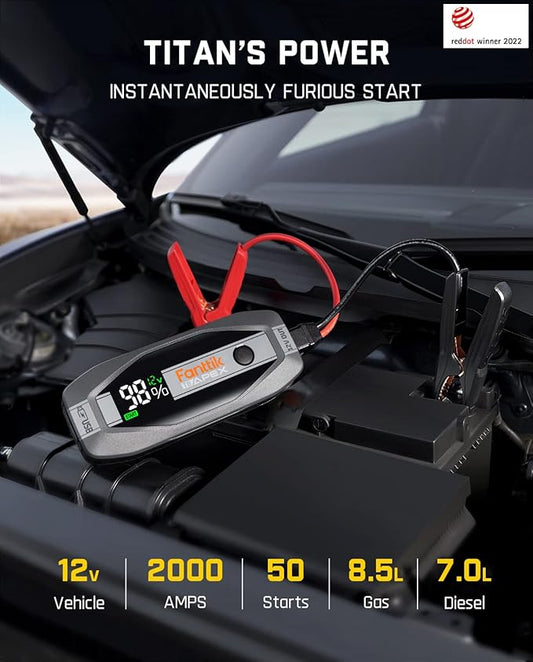Fanttik T8 APEX 2000 Amp Jump Starter, 20000mAh Car Battery Pack for Up to 8.5L Gasoline and 6L Diesel Engines with LED Display, 65W PD Fast Charger,12V Extreme Safe Lithium Portable Jump Starter