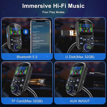 Bluetooth 5.3 FM Transmitter for Car- SOARUN Bluetooth Car Adapter PD30W & USB Port Fast Charge - HiFi Treble & Bass Player - 1.6" Display Hands-Free Calling - Car Radio with AUX Input/Output, TF Card