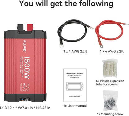 ALLWEI 1500W Pure Sine Wave Inverter 12V DC to 110V AC Converter, Surge 3000W | Power Inverters for Vehicles with 2 AC Outlets, RV Truck Boat Home Outdoor & Off-Grid Solar Inverter, Smart LCD Display