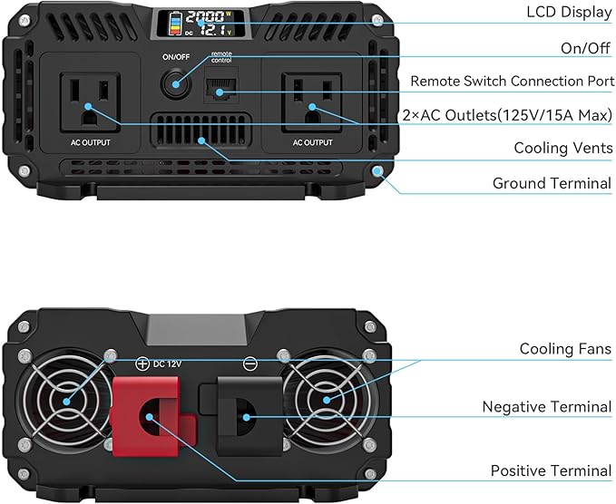 ALLWEI 2000W Pure Sine Wave Inverter 12V DC to 110V AC Converter, Surge 4000W, 2 AC Sockets, LCD Display, Power Inverters for Vehicles, RV, Truck, Home, Solar & Off-Grid Inverter, Remote Controller