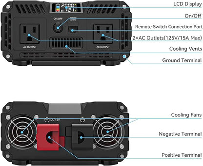 ALLWEI 2000W Pure Sine Wave Inverter 12V DC to 110V AC Converter, Surge 4000W, 2 AC Sockets, LCD Display, Power Inverters for Vehicles, RV, Truck, Home, Solar & Off-Grid Inverter, Remote Controller