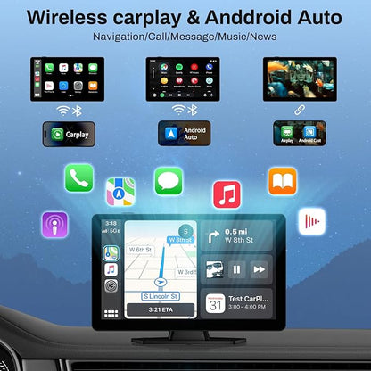 Wireless Carplay Screen for Car with 4K Dash Cam, 9" Portable Carplay & Android Auto, Component Subwoofer, Touchscreen with 1080p Backup Camera, GPS Navigation/Voice Control/BT/Mirror Link/FM