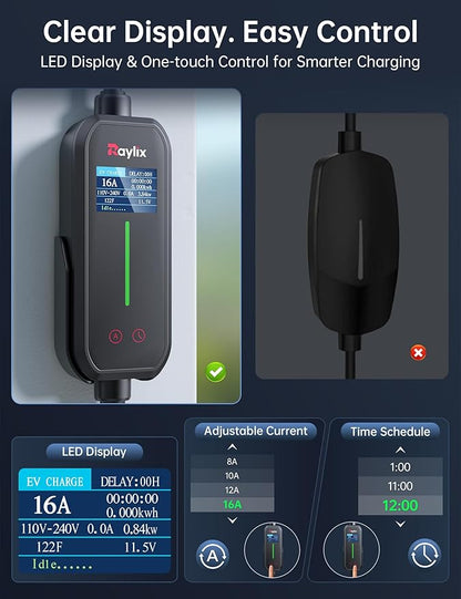 Raylix 16A Level 1&2 EV Charger, 110V-240V Electric Car Charger with 21ft Cable [Adjustable Current & Delay Charging] Portable EV Chargers for All SAE J1772, Nema 6-20 & Nema 5-15 Plug, Accessories