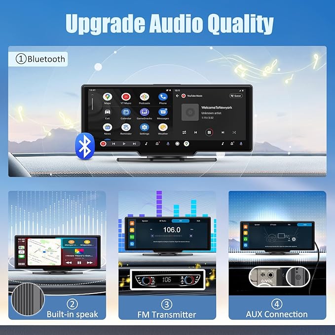 Wireless Carplay Screen, 10.26"Portable Car play & Android Auto Touch Screen, Bluetooth Double Din Car Stereo with 4K Dash Cam,1080P Backup Camera/Mirror Link/Voice Control/GPS/AUX/FM for All Vehicles