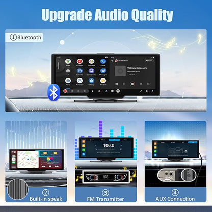 Wireless Carplay Screen, 10.26"Portable Car play & Android Auto Touch Screen, Bluetooth Double Din Car Stereo with 4K Dash Cam,1080P Backup Camera/Mirror Link/Voice Control/GPS/AUX/FM for All Vehicles