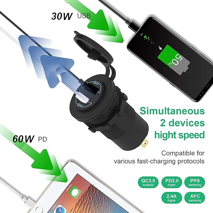 2 Pack 12V USB Outlet - 90W(Max) Dual Ports QC4.0 PD & Quick Charge3.0 Car Charger Socket with LED Indicator - Waterproof USB C Port for Car Boat Marine Motorcycle RV Truck ATV Golf Cart