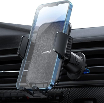 Lamicall 2025 Wider Clamp & Metal Hook Car Phone Holder Vent [Thick Cases Friendly] Phone Holders for Your Car Mount Automobile Hands Free Cradle Air Vent for Smartphone (Wood Grain)