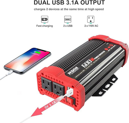 600W Car Power Inverter 12V DC to 110V AC Converter with 3.1 A Dual USB Quick Car Charger Adapter for Laptops and Smartphones