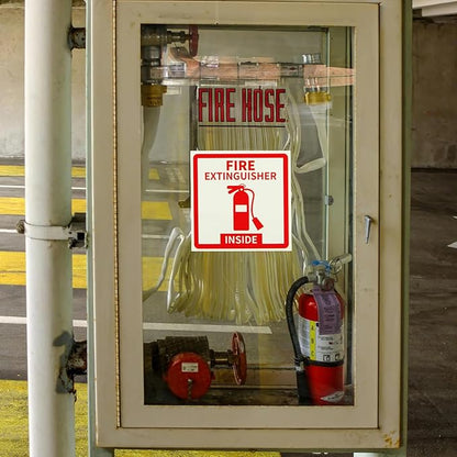 Madrigal Fire Extinguisher Inside Sticker Sign,4Pack 3x3" Self-Adhesive Vinyl, Weatherproof & UV Protected for Cars, Trailers, Rv's, Trucks and Vehicles, Red on White