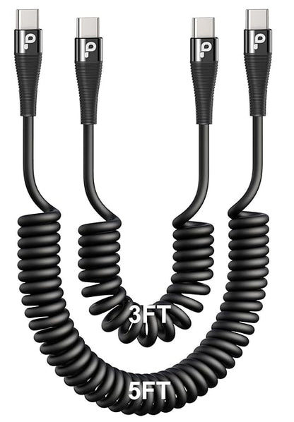 USB C to C Cable for Car 3FT&5FT, 100W Coiled USB C Fast Charging Cable for iPhone 16 Short USB Type C Cable for iPhone 15/Pro/Plus/Pro Max/Samsung Galaxy S23, Compatible All Type C Devices-Black
